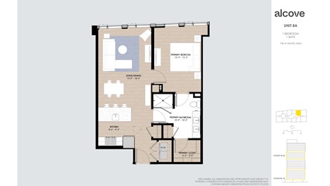 Floor plan for 1 bed, 1 bath, 780 sqft